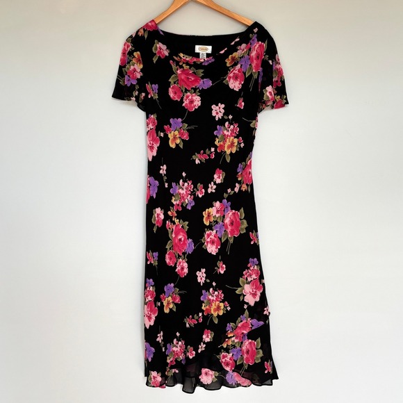 Talbots Size 8 Floral Dress Black Pink Midi Cap Sleeve Lunch Date Church Dress - Picture 1 of 15